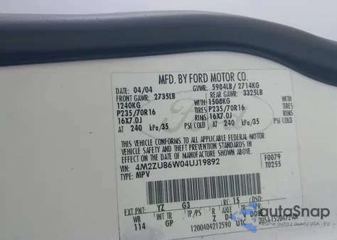 2004 Mercury Mountaineer из США, поврежденный, VIN 4M2ZU86W04UJ19892